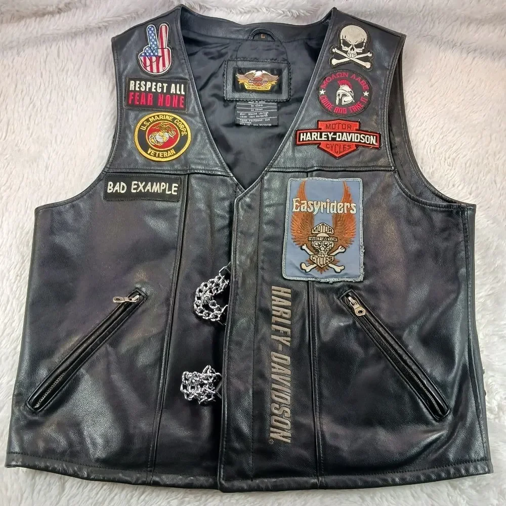 Harley-Davidson Men's Black Leather Biker Vest - Patches & Pins, USMC Veteran L. - Picture 9 of 16